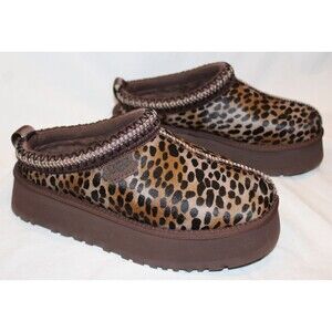 NIB UGG WOMEN'S TAZZ LEOPARD PLATFORM CASPIAN SLIPPERS BURNT CEDAR